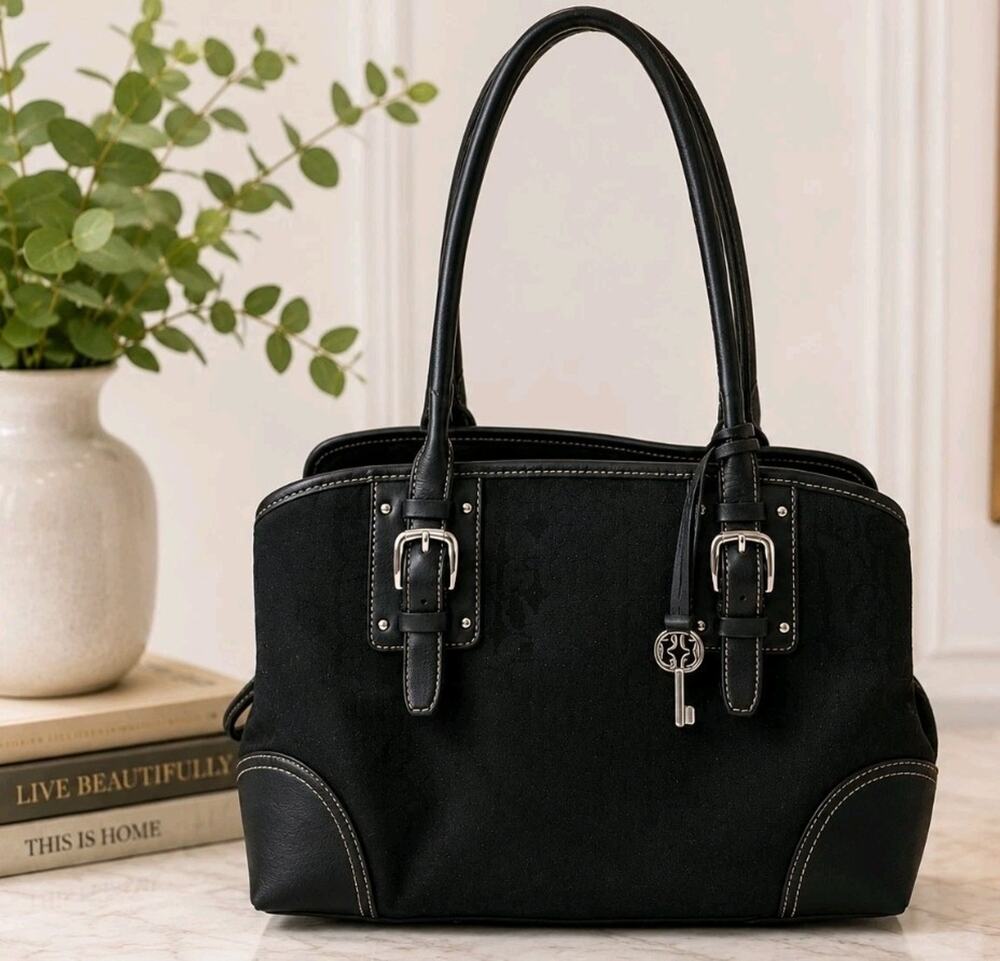 Vintage Fossil Large Shoulder Bag Black Leather Canvas Silver Hardware Y2K